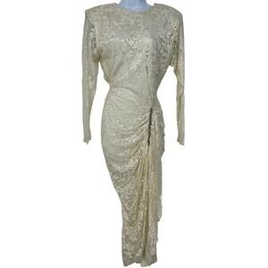 VTG Ivory Lace Long Sleeve Fitted Wedding Prom Midi Dress Rhinestones Slit Sz XS